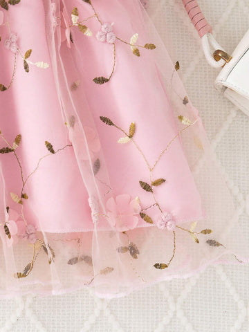 Girls' Casual Embroidered Butterfly Pattern Mesh Splice Round Neck Long Sleeve Regular Fit Knee-Length Fashion Dress, Spring/Autumn