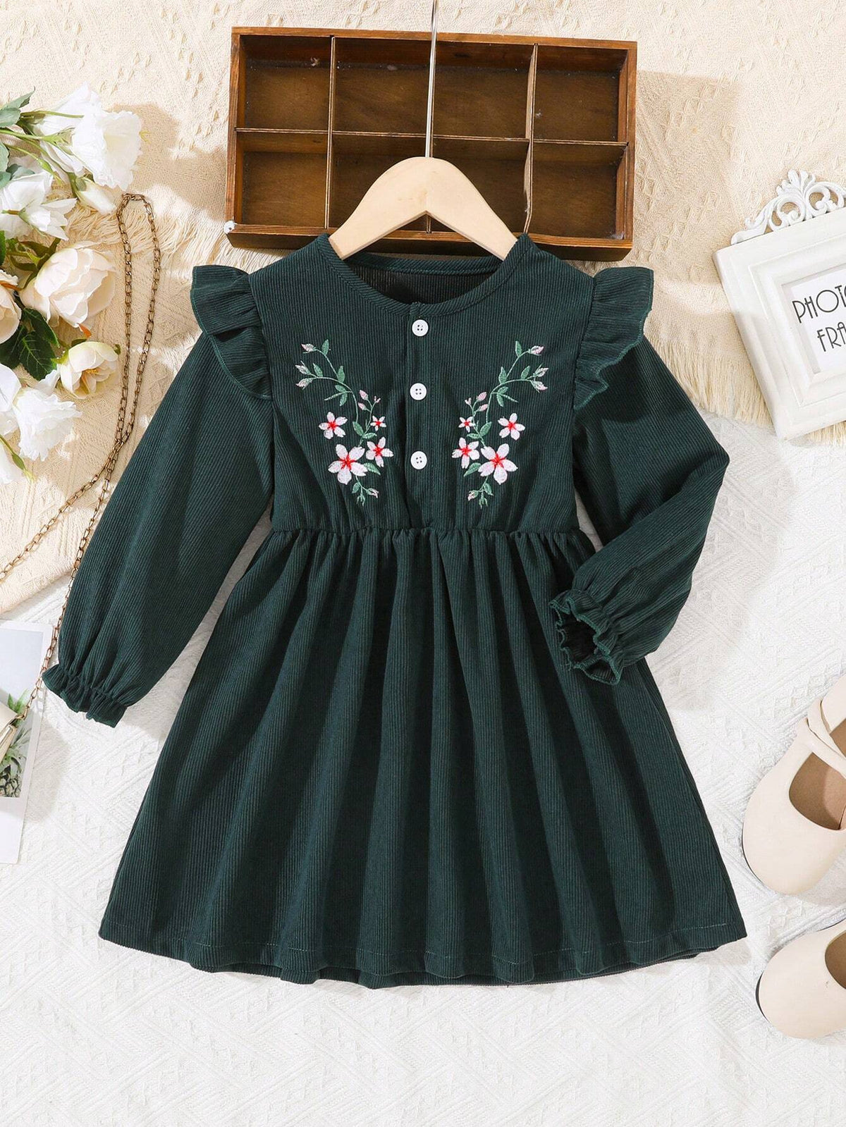 Girls Casual Embroidered Cap Sleeve Corduroy Dress, Autumn