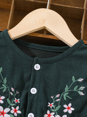 Girls Casual Embroidered Cap Sleeve Corduroy Dress, Autumn