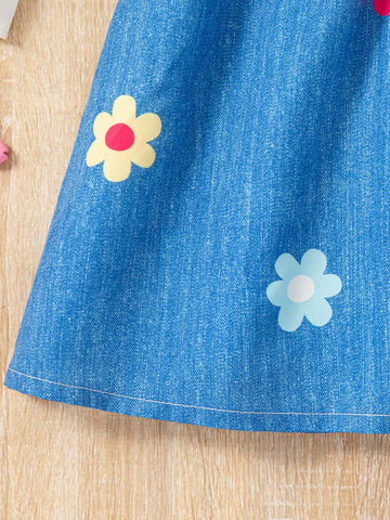 Girls Casual Everyday Floral Print Ruffle Trimming Button Front Knee-Length Long Sleeve Dress, For Spring & Autumn