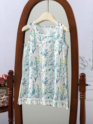 Girls' Casual Everyday Round Neck Sleeveless A-Line Floral Printed Patchwork Tassel Dress For Summer