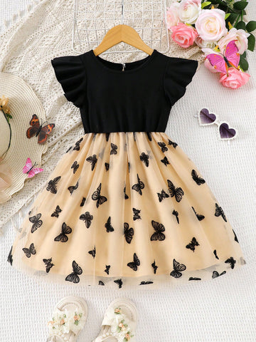 Girls Casual Fashion Cap Sleeve Ruffle Hem Back Button Butterfly Flocked Mesh Dress, Beach Holiday Party Gift