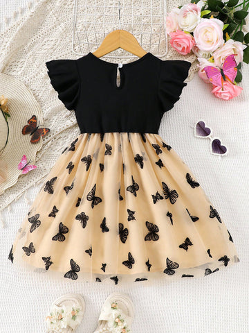 Girls Casual Fashion Cap Sleeve Ruffle Hem Back Button Butterfly Flocked Mesh Dress, Beach Holiday Party Gift