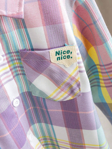 Girls Casual Fashion Turndown Collar Drop Shoulder Long Sleeve Loose Comfy Colorful Patch Fake Pocket Letter Print Shirt, Spring Autumn