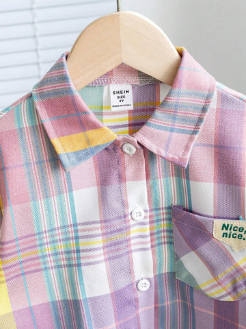 Girls Casual Fashion Turndown Collar Drop Shoulder Long Sleeve Loose Comfy Colorful Patch Fake Pocket Letter Print Shirt, Spring Autumn