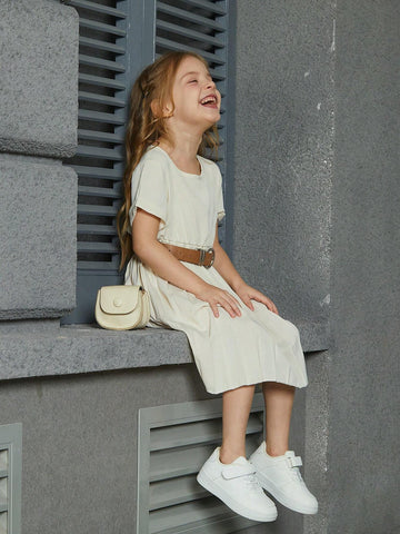 Girls' Casual Fashionable Apricot Short Sleeve Pleated Dress, Family Matching Outfits Mommy And Me (3 Pieces Sold Separately)