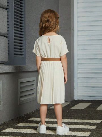 Girls' Casual Fashionable Apricot Short Sleeve Pleated Dress, Family Matching Outfits Mommy And Me (3 Pieces Sold Separately)