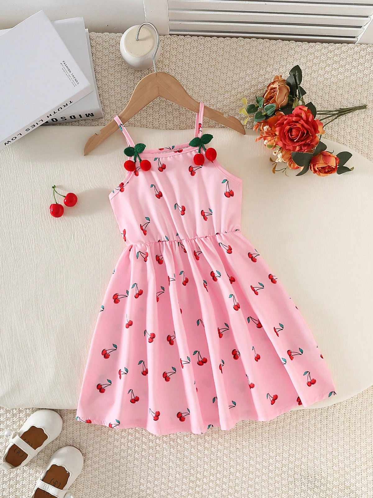 Girls' Casual Fashionable Cute Cherry Print Sleeveless High Waist Short Dress With 3D Cherry Decoration