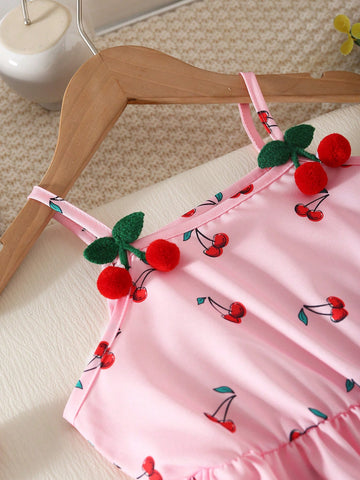Girls' Casual Fashionable Cute Cherry Print Sleeveless High Waist Short Dress With 3D Cherry Decoration