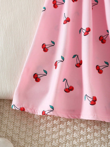 Girls' Casual Fashionable Cute Cherry Print Sleeveless High Waist Short Dress With 3D Cherry Decoration
