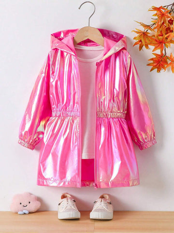 Girls Casual Fashionable Drawstring Waist Hooded Jacket, Suitable For Spring And Autumn