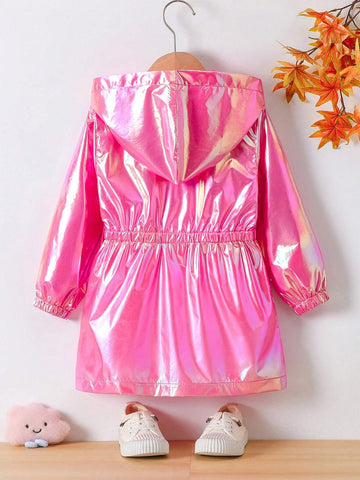 Girls Casual Fashionable Drawstring Waist Hooded Jacket, Suitable For Spring And Autumn