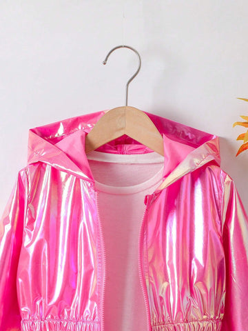 Girls Casual Fashionable Drawstring Waist Hooded Jacket, Suitable For Spring And Autumn
