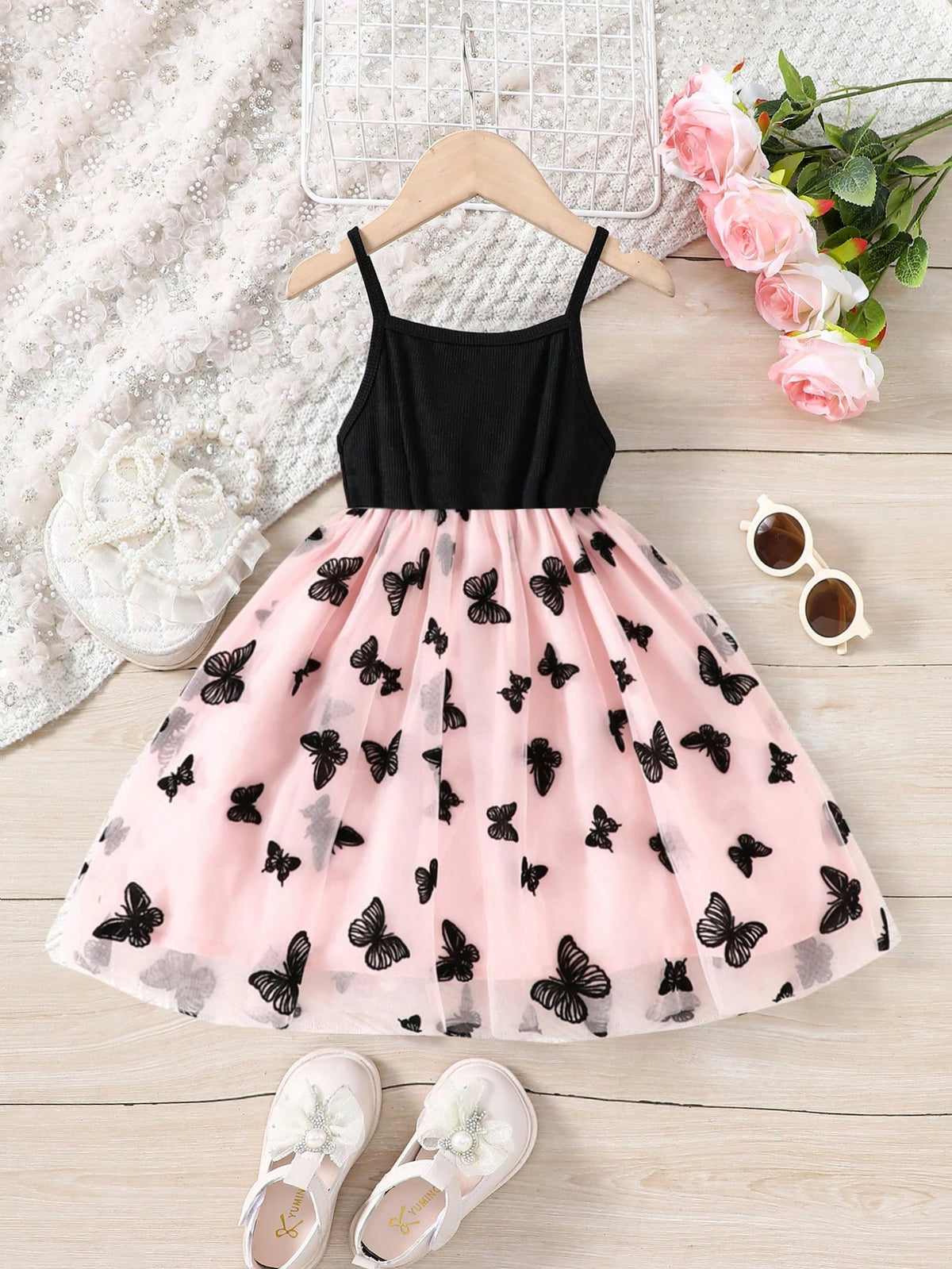 Girls' Casual Fashionable Knit Ribbed Strap Butterfly Flocking Mesh Dress, Holiday Beach Party Gift