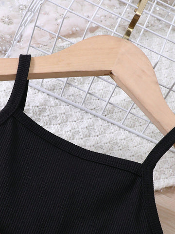 Girls' Casual Fashionable Knit Ribbed Strap Butterfly Flocking Mesh Dress, Holiday Beach Party Gift