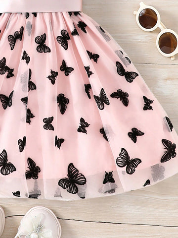 Girls' Casual Fashionable Knit Ribbed Strap Butterfly Flocking Mesh Dress, Holiday Beach Party Gift