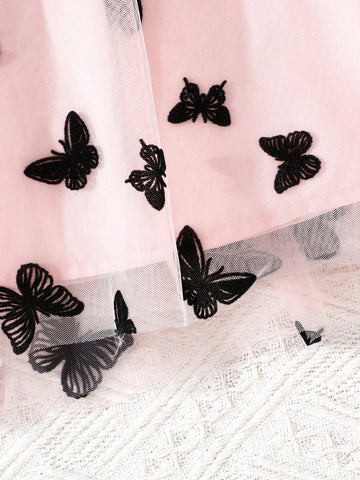Girls' Casual Fashionable Knit Ribbed Strap Butterfly Flocking Mesh Dress, Holiday Beach Party Gift