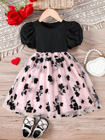 Girls' Casual Fashionable Knitted Ribbed Short Sleeve Floral Applique Mesh Mini Dress