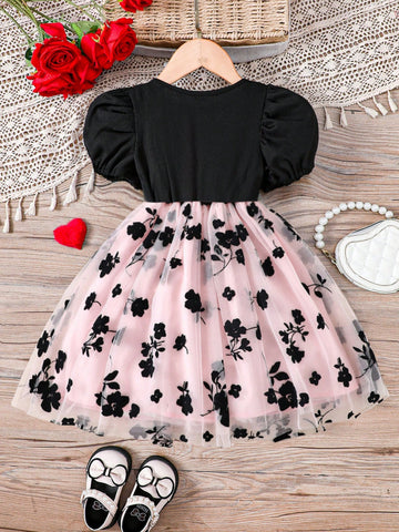 Girls' Casual Fashionable Knitted Ribbed Short Sleeve Floral Applique Mesh Mini Dress