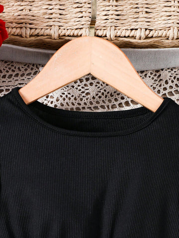 Girls' Casual Fashionable Knitted Ribbed Short Sleeve Floral Applique Mesh Mini Dress