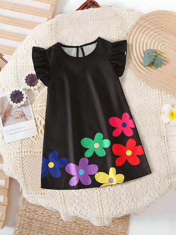 Girls' Casual Fashionable Simple Round Neck Flare Sleeve A-Line Loose Colorful Floral Print Short Summer Dress