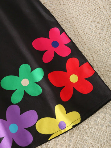 Girls' Casual Fashionable Simple Round Neck Flare Sleeve A-Line Loose Colorful Floral Print Short Summer Dress