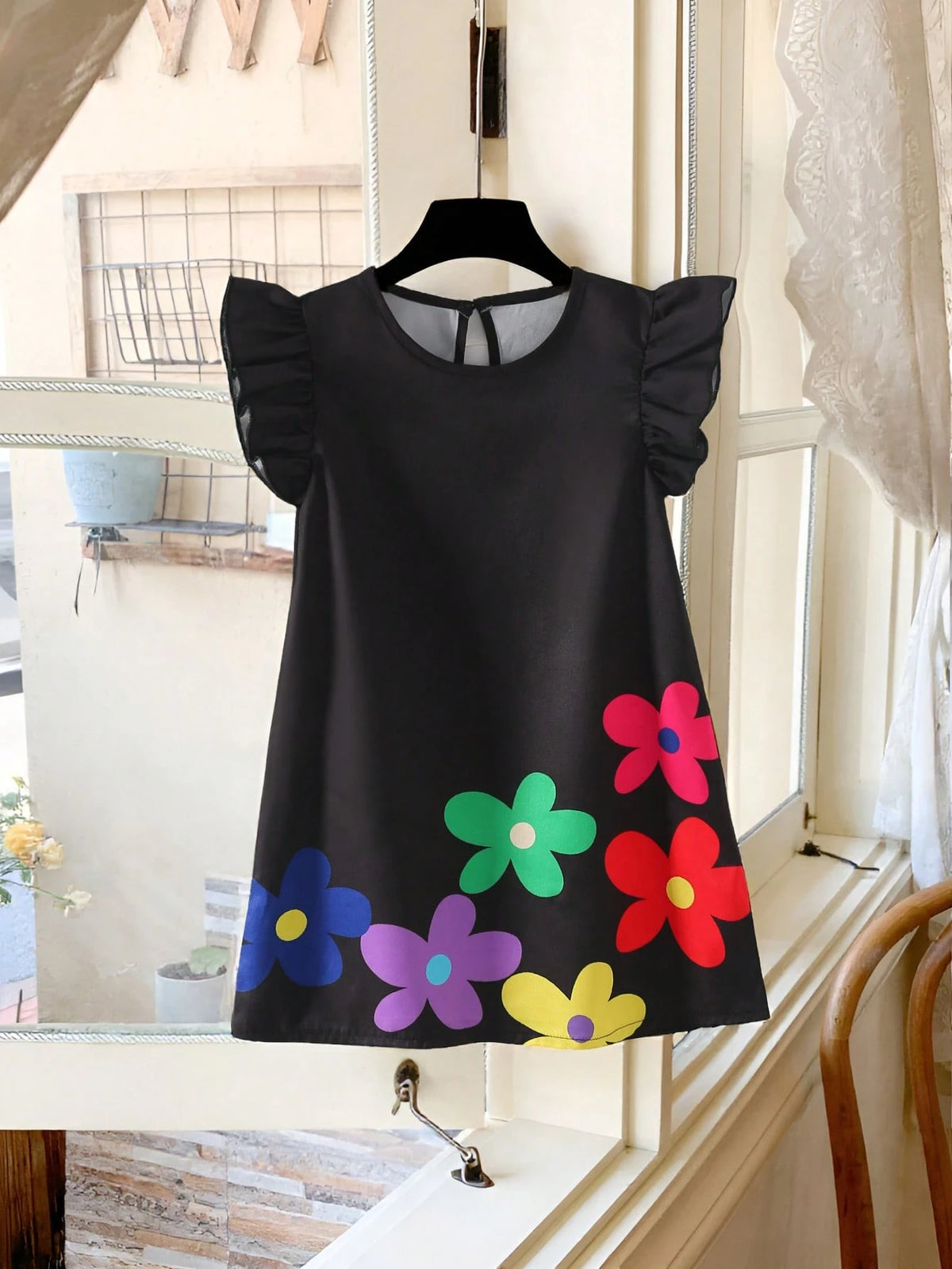 Girls' Casual Fashionable Simple Round Neck Flare Sleeve A-Line Loose Colorful Floral Print Short Summer Dress