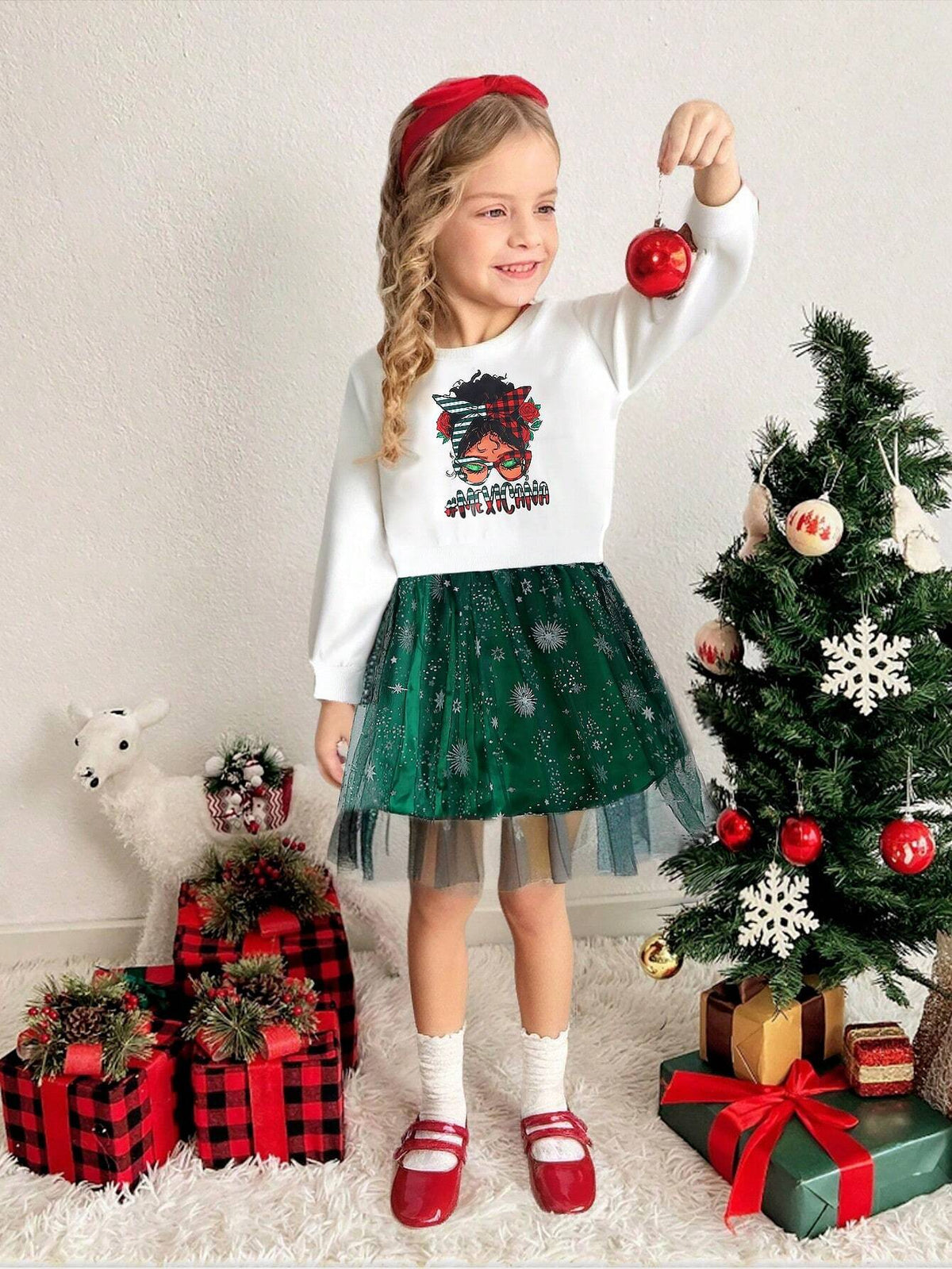 Girls Casual Fashionable Street Style Round Neck Drop Shoulder Long Sleeve Loose Girl Portrait & Christmas Element Print Sweatshirt Dress, Spring Autumn