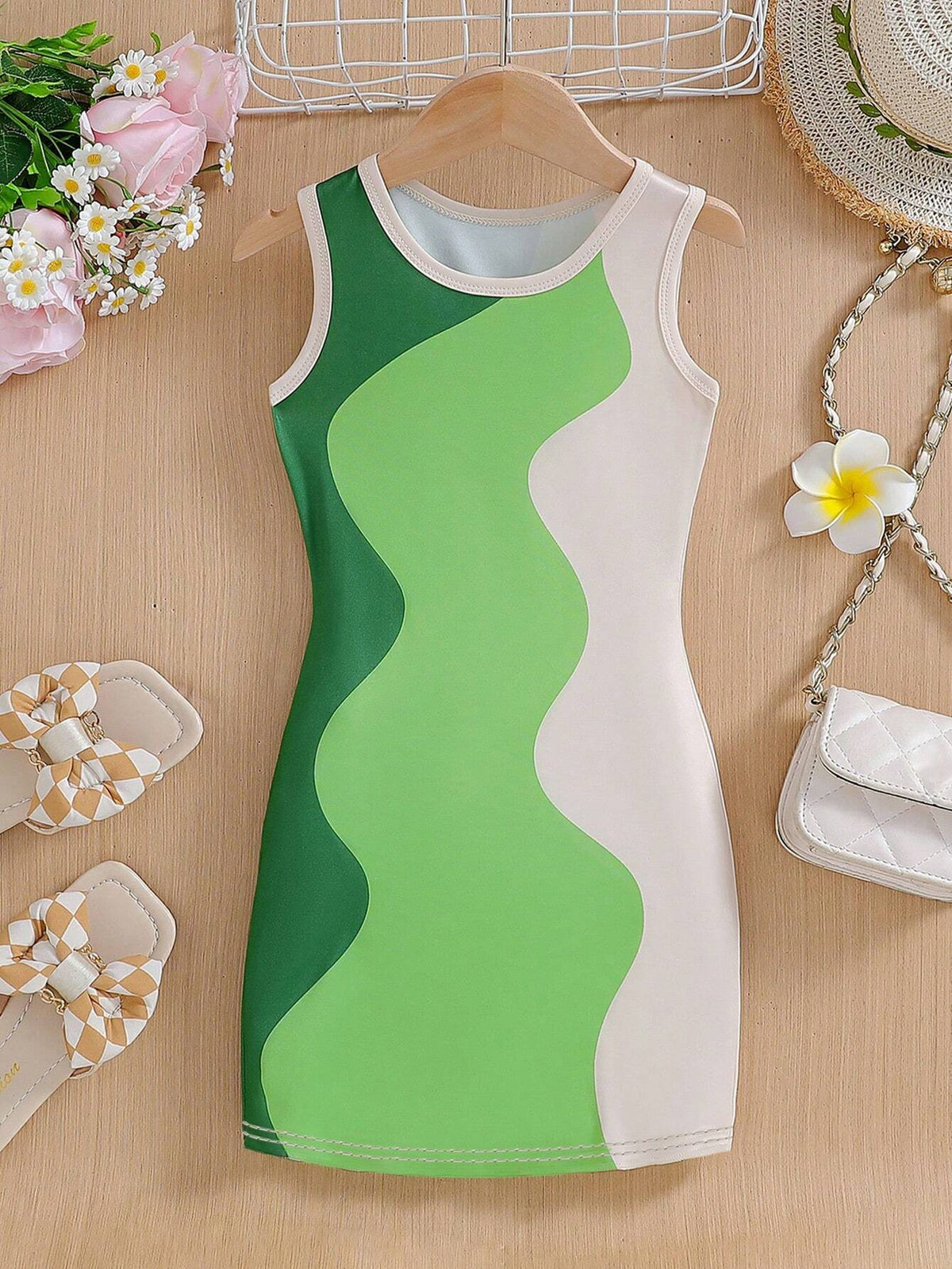 Girls' Casual Fashionable Striped Slim-Fit Sleeveless Dress With Color-Blocking And Ripple Design For Summer