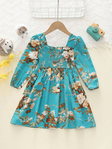 Girls Casual Floral Long Flare Sleeve Princess Dress, Fashion Midi Dress For Autumn