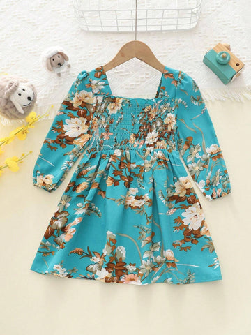 Girls Casual Floral Long Flare Sleeve Princess Dress, Fashion Midi Dress For Autumn