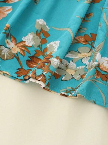Girls Casual Floral Long Flare Sleeve Princess Dress, Fashion Midi Dress For Autumn