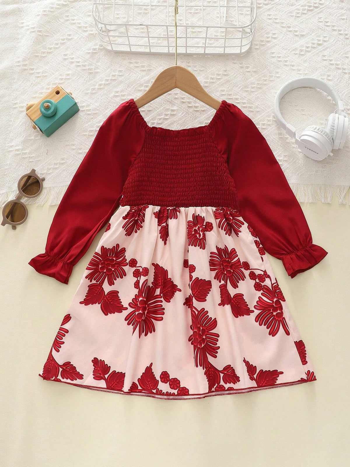 Girls Casual Floral Print Long Sleeve Dress, Autumn