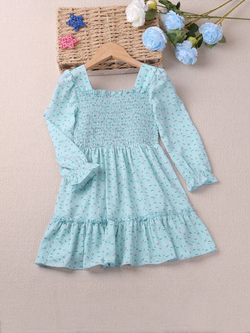 Girls Casual Floral Print Long Sleeve Dress, Autumn
