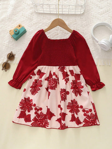 Girls Casual Floral Print Long Sleeve Dress, Autumn