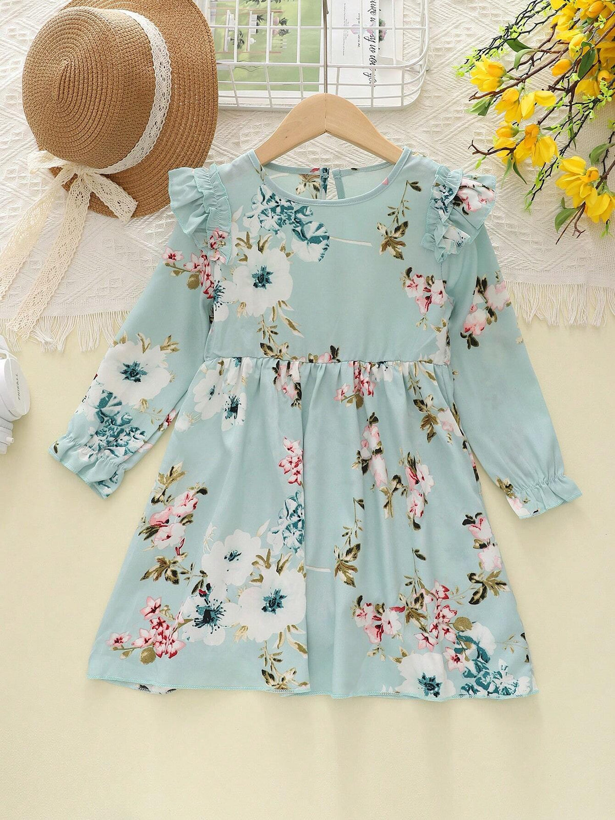 Girls Casual Floral Print Round Neck Cap Sleeve Long Sleeve Dress, For Autumn