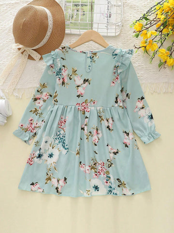 Girls Casual Floral Print Round Neck Cap Sleeve Long Sleeve Dress, For Autumn