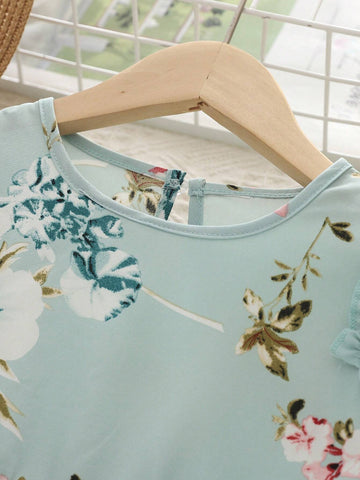 Girls Casual Floral Print Round Neck Cap Sleeve Long Sleeve Dress, For Autumn