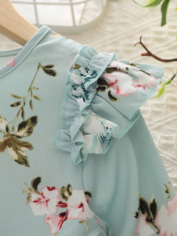 Girls Casual Floral Print Round Neck Cap Sleeve Long Sleeve Dress, For Autumn