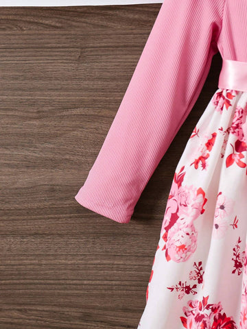 Girl's Casual Floral Print Ruffle Hem Long Sleeve Bow Tie Waist Dress, Suitable For Spring & Autumn