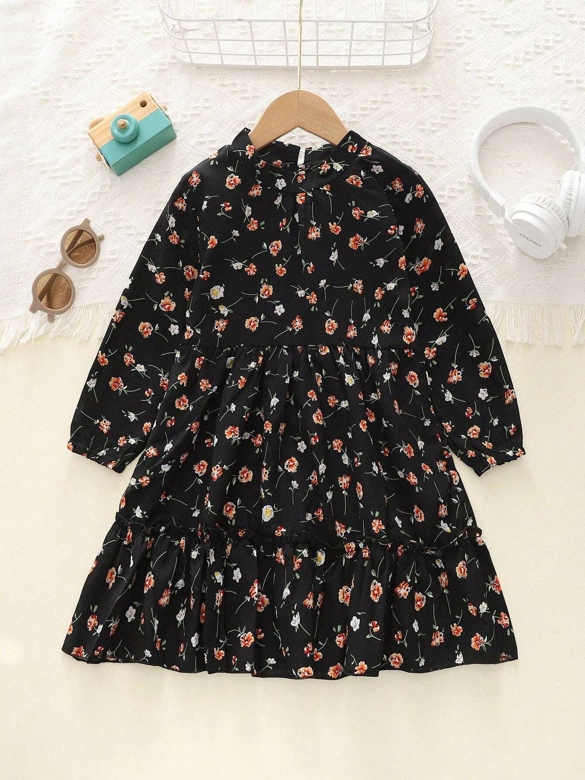 Girls Casual Floral Print Stand Collar Long Sleeve Dress, Autumn
