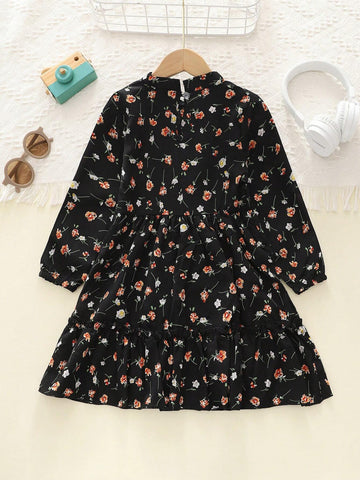 Girls Casual Floral Print Stand Collar Long Sleeve Dress, Autumn
