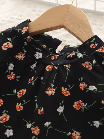 Girls Casual Floral Print Stand Collar Long Sleeve Dress, Autumn