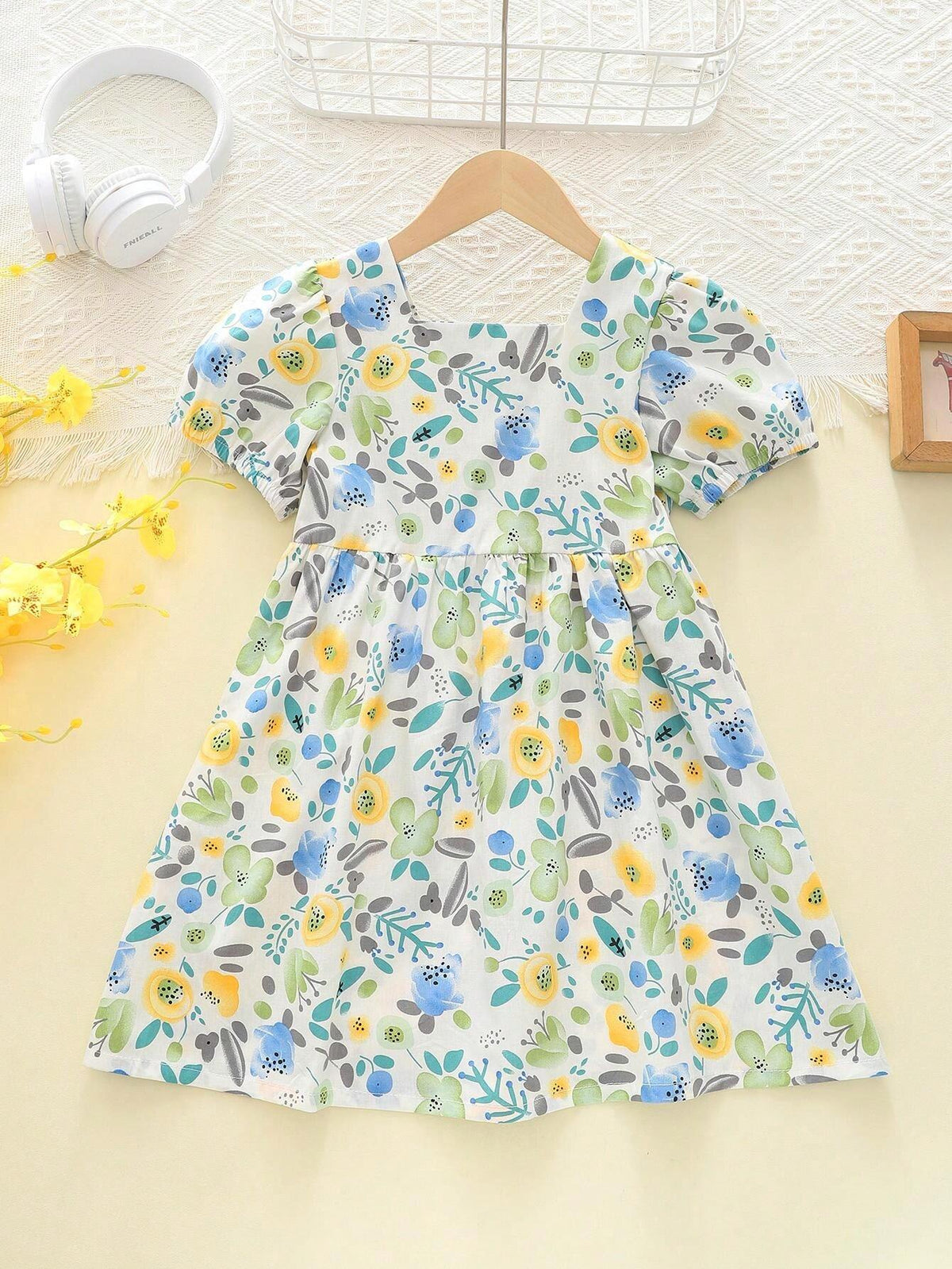 Girls' Casual Floral Puff Sleeve Square Neck Dress, Summer