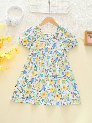 Girls' Casual Floral Puff Sleeve Square Neck Dress, Summer