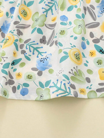 Girls' Casual Floral Puff Sleeve Square Neck Dress, Summer