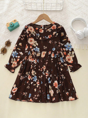 Girls Casual Floral Ruffle Pleated Long Sleeve Dress, Autumn