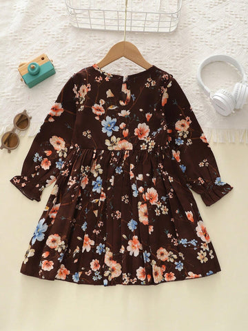 Girls Casual Floral Ruffle Pleated Long Sleeve Dress, Autumn
