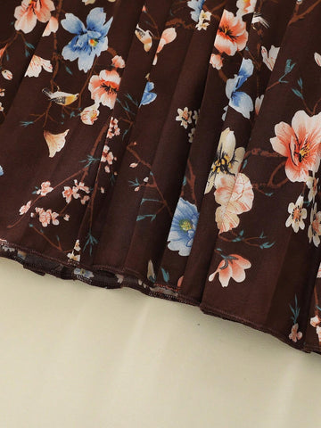 Girls Casual Floral Ruffle Pleated Long Sleeve Dress, Autumn