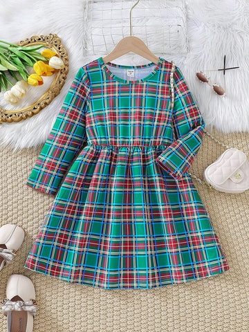 Girls' Casual Green Plaid Digital Printed Long Sleeve Round Neck A-Line Dress, Spring & Autumn